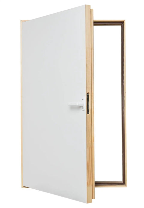 Pro Grade Solid Pine Wall Access Door With Boss Level Thermal Insulation and Crisp White Finish, ready for installation, side view.
