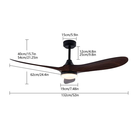 Ceiling Fan with Light, 48W Integrated Lighting, Silent Operation 35dB, showing dimensions and modern wood design.