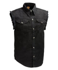 Men's Black Lightweight Denim Shirt With Frayed Cut Off Sleeves Sleeveless Button Down Breathable Cotton Blend Casual Everyday Wear Comfortable Fit Size X Large Great For Layering
