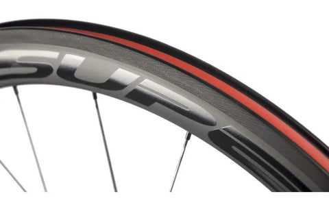 Close-up of 50mm Carbon Clincher Wheelset For 700C Road Bikes, 3K matte finish, glossy black decal, 23mm rim width