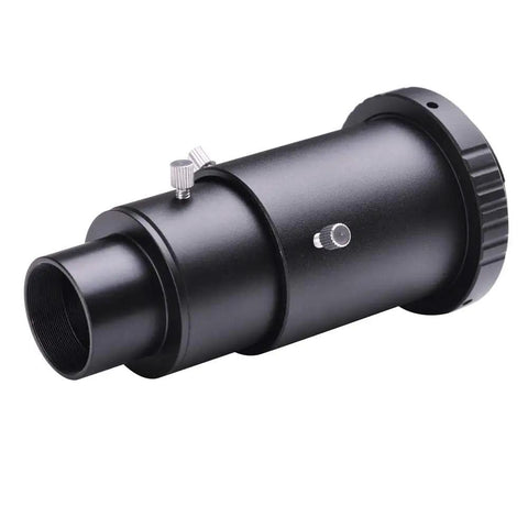 Variable Extension Telescope Camera Adapter for Canon SLR and DSLR Bodies, black metal, side view with adjustment knobs