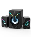 2.1 Channel Desktop Speakers With Subwoofer And RGB Lighting USB Powered Gaming Speaker Set with two black satellite speakers
