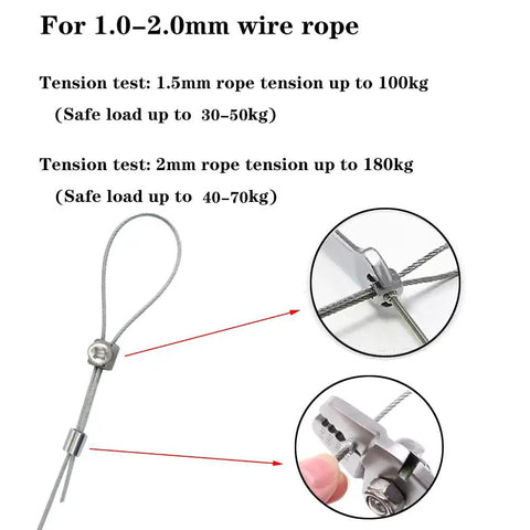 20Pcs Wire Rope Cable Clips For Hanging Pictures And Lights showing installation on 1.0-2.0mm wire tension test up to 180kg.
