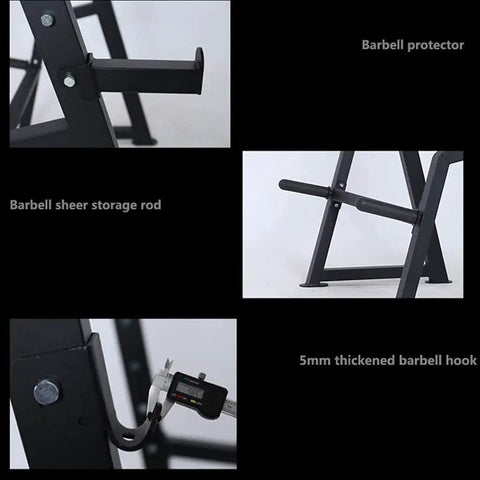 Details of All In One Dumbbell Bench And Squat Rack Set for Your Home Gym, showing barbell protector and 5mm thickened hook