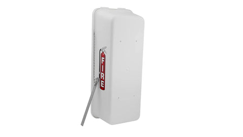 Ten Pack White Outdoor Fire Extinguisher Cabinet With Breaker Bar And Wall Mount For Twenty Pounds with secure locking mechanism.