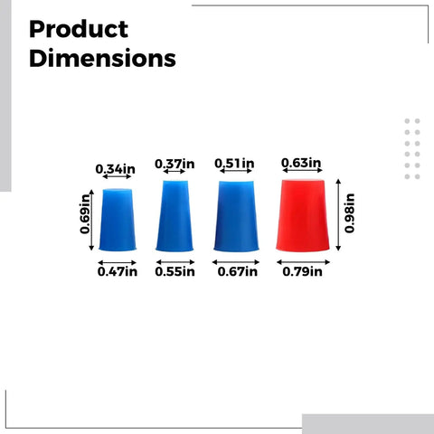 Assorted 110 Pcs Silicone Rubber Tapered Plugs Kit For Painting And Electroplating Protection With Heat Resistant Stoppers In Multiple Sizes Plus Handy Storage Case To Keep Your Diy Projects Totally Safe And Organized On The Fly. product dimensions chart for blue and red silicone tapered plugs