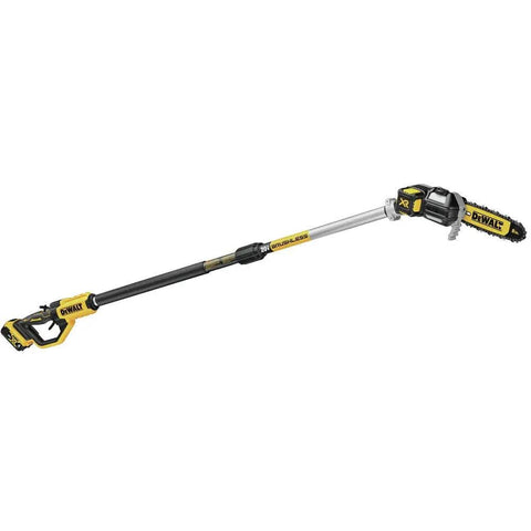 Powerful 20V Max XR Pole Saw with fifteen foot reach for tree trimming tackle tall limbs brushless motor durable bucking strip