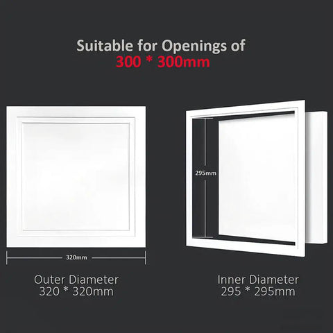 Rock Solid 2 Pack 12X12 Inch Metal Access Panels With Strong Magnetic Latch shown with dimensions suitable for 300x300mm openings.