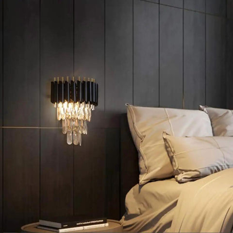 Dope Modern Crystal Wall Sconce with 2 E12 Sockets, 3-Tier Crystal Drops, Gold Finished Shade, Sleek Bedside Lamp Above Bed