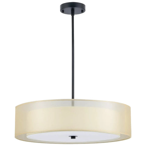3 Light Drum Pendant Chandelier With Double Fabric Shade, Sleek Matte Black Finish, Dope 20 Inch Ceiling Light Fixture, frontal view