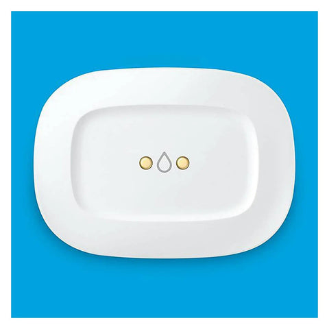 ZigBee Water Leak Sensor with Battery Power, Smart Home Hub Compatible, top view on blue background, moisture alerts device