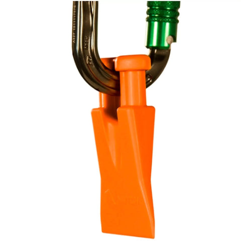 Dope Mini Climbing Wedge For Arborists, stowable carabiner friendly tool carrier felling wedge in orange plastic attached to carabiner