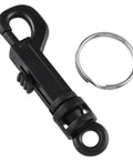 Front view of black plastic swivel snap keychain clip with metal ring; 2-piece set