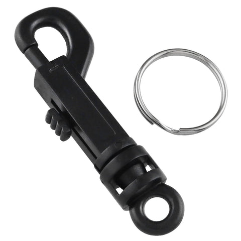 Front view of black plastic swivel snap keychain clip with metal ring; 2-piece set