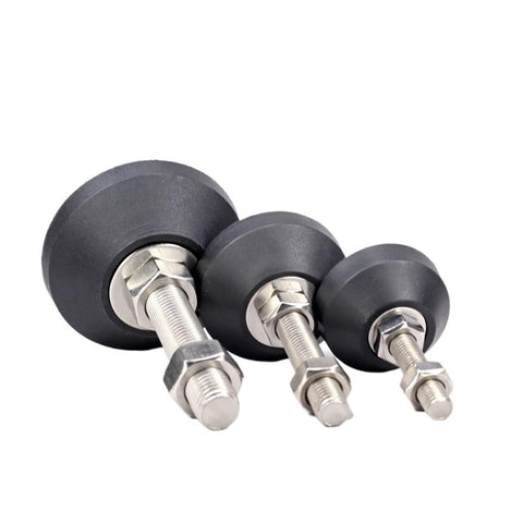 Built Tough Adjustable Leveling Feet With Swivel Base No Sweat Setup Threading Universal Equipment Support Legs Rock Solid Stability For Garage Furniture And Shop Machinery Glide Pads 10 Pack in three sizes, black nylon.