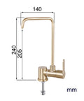 Under-Sink Drinking Water Filter Faucet - 1/4" 240mm Tap for Kitchen, gold-colored, dimensions 240mm height and 140mm width.