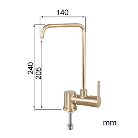 Under-Sink Drinking Water Filter Faucet - 1/4" 240mm Tap for Kitchen, gold-colored, dimensions 240mm height and 140mm width.