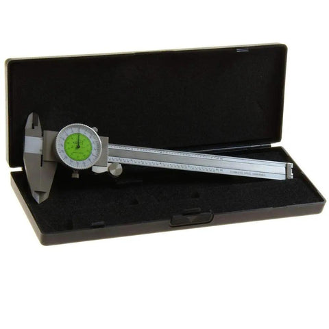 6 Inch Dial Caliper With Dual Fractional And Decimal Inch Scales Stainless Steel Body 0.01 Inch Resolution in case