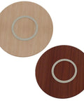 Slick 50 Inch Wooden Lazy Susan Turntable with Silent Swivel Bearing 360 Degree Rotation, brown and light wood finishes.