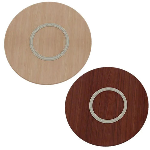 Slick 50 Inch Wooden Lazy Susan Turntable with Silent Swivel Bearing 360 Degree Rotation, brown and light wood finishes.