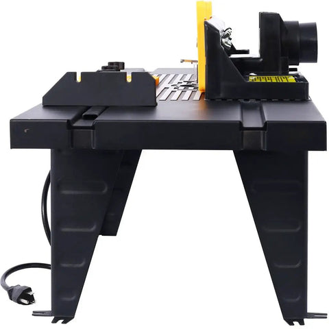 Heavy Duty Aluminum Benchtop Router Table With Reinforced Steel Extensions And Adjustable Miter Gauge Plus Built In Retractable Safety Guard For Rock Solid Cutting Performance In Bright Orange shown from the side view.