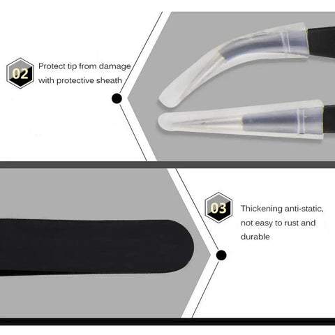 Close-up of Pro Grade ESD Safe Tweezers Set, 7 Piece Stainless Steel Anti Static Precision Tweezers with protective sheath