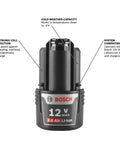 12V Max Lithium Ion Battery 2Ah Pack Two Battery Pack For Power Tools, lightweight and compact, shown with features labeled