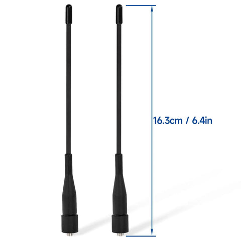 6 Inch Dual Band VHF UHF Antenna for Handheld Ham Radios, SMA Female Connector, Flexible 2 Pack, shown vertically with measurement 6.4in
