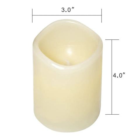12 Pack Flameless Candles With Real Wax Battery Operated LED Pillar Candles Unscented Ivory Color Including Remote Control And 24 Hour Timer Diameter 3 Inches Height 4 Inches Perfect For Cozy Home Vibes Parties Weddings And Events single candle with measurements shown