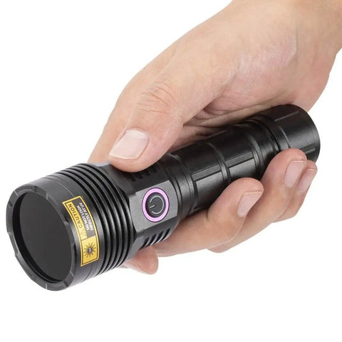 Hand holding 12W 365nm UV Flashlight USB C Rechargeable Long Range Black Light For Urine Detection Resin Curing Scorpion