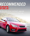 Red car driving on road highlighting recommended uses for daily drivers upgrading braking, suitable for Subaru models