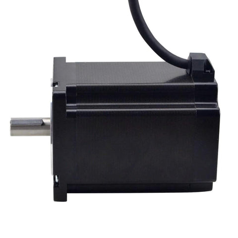 Stepper motor, NEMA 34, black metal housing with 14mm key-way shaft and 1m cable (side view)