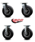Heavy Duty Eight Inch Semi Pneumatic Casters Set Of Four With Rock Solid Black Rubber Wheels and metal swivel mounts.