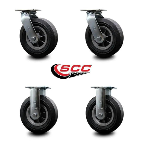 Heavy Duty Eight Inch Semi Pneumatic Casters Set Of Four With Rock Solid Black Rubber Wheels and metal swivel mounts.