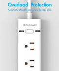 Close-up of 8-Outlet Surge Protector Power Strip With Flat Plug And 4.5 Foot Extension Cord, showing 5 AC outlets, ETL listed white.