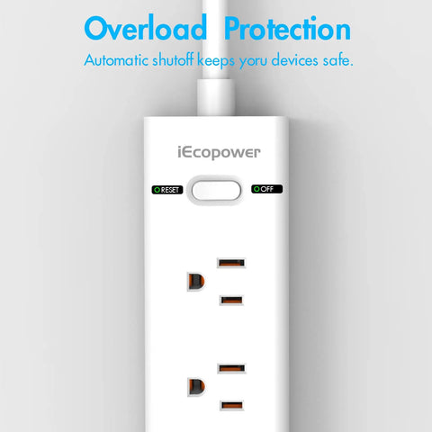 Close-up of 8-Outlet Surge Protector Power Strip With Flat Plug And 4.5 Foot Extension Cord, showing 5 AC outlets, ETL listed white.