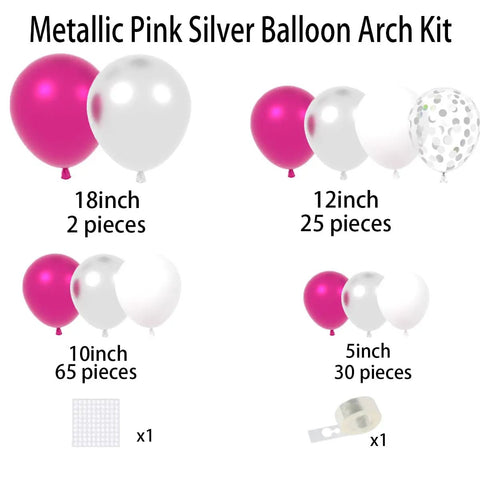 Hot Pink And Silver Balloon Garland Arch Kit With Confetti Balloons For Weddings, Anniversary, Bachelorette Party, Birthday And Christmas Decor, Featuring Fuchsia Pink, Metallic Rose Red, White And Chrome Silver Balloons For A Party Ready Vibe.