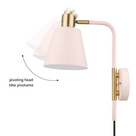 Cleo 1 Light Wall Sconce With Plug-In Or Hardwire Setup, Blush Pink Finish With Matte Brass Accents pivoting head detail.