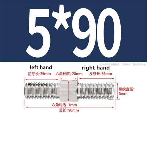 M5x90 stainless steel double-ended stud set (2 pcs) with hex nut center, left- and right-hand threads