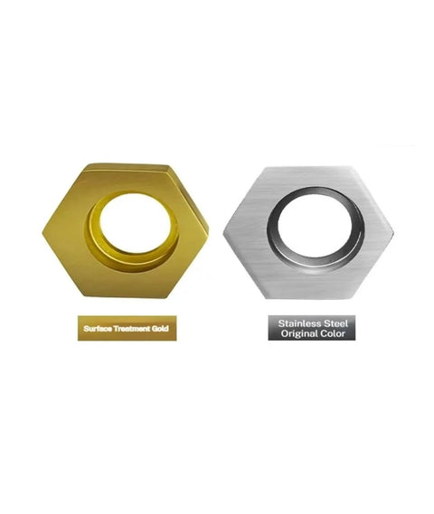 Gold and silver hexagonal clamps, parts of Heavy Duty CNC Eccentric Clamps M4 To M16 Hexagonal Fixture Stainless Steel Workholding Anchors.