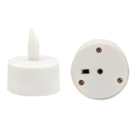 Rechargeable LED Tea Lights Set Of 12 With Flameless Flicker In Amber Color Includes Frosted Holders Charge Base Power Adapter And User Manual For Easy Setup 8 Hour First Charge Consistent 6 To 8 Hour Run Time Safe Home Decor showing a single tea light with switch and screws visible on the base.
