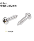 316 Stainless Steel Self Tapping Screws 3x12mm Phillips Pan Head 50 Piece Set Durable Fasteners for Wood Metal Plastic
