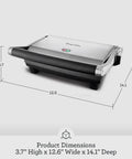 Brushed Stainless Steel Panini Maker With Dual Independent Heating Zones For Even Grilling And Toasting, side view with dimensions.