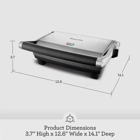 Brushed Stainless Steel Panini Maker With Dual Independent Heating Zones For Even Grilling And Toasting, side view with dimensions.