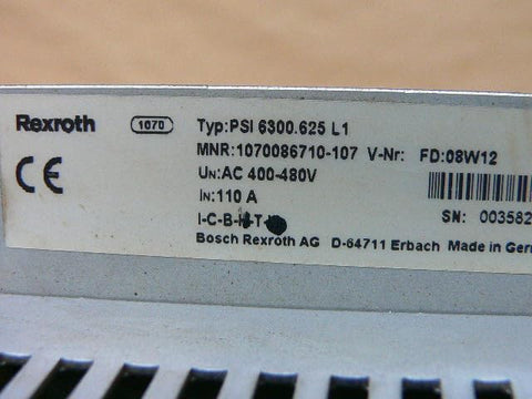 Close-up of label on PSI6000 PSI6300 Series Industrial Frequency Inverter Model PSI6300.625 L1 1070086710-107, used condition.