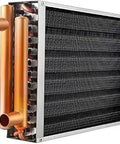 Water To Air Heat Exchanger 20x20 With 1 Inch Copper Ports, side view showing heat exchange fins and copper tubes