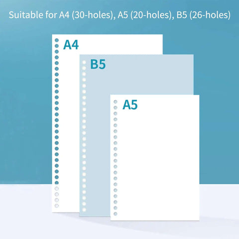 Three sheets of paper punched with 10 Hole Paper Punch Handheld Metal Puncher For A4 A5 B5 Notebooks And Scrapbooks 20 26 30 Hole Options