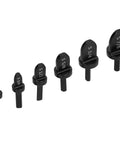Top Quality 6 Piece Copper Pipe Swaging Drill Bit Set With Triangle Handle Tube Expander Tool Kit For Air Conditioning And Conduit Work Featuring 1/4, 3/8, 1/2, 5/8, 3/4, And 7/8 Inch Imperial Sizes Perfect For Pros with six steel swaging bits organized by size.