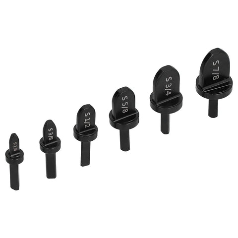Top Quality 6 Piece Copper Pipe Swaging Drill Bit Set With Triangle Handle Tube Expander Tool Kit For Air Conditioning And Conduit Work Featuring 1/4, 3/8, 1/2, 5/8, 3/4, And 7/8 Inch Imperial Sizes Perfect For Pros with six steel swaging bits organized by size.