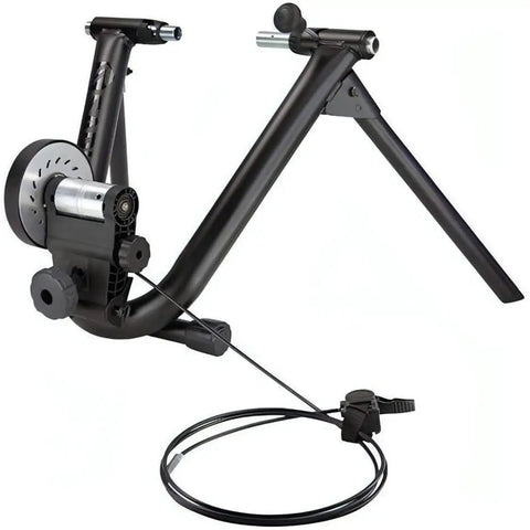 Magnetic Plus Indoor Bike Trainer with Wheel On Setup and Quiet Fluid Resistance, side view of black frame and resistance unit